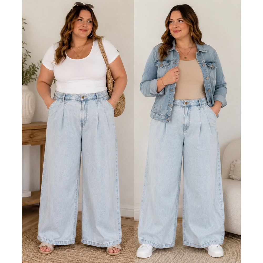 American Eagle Wide Leg Trouser Jeans Women's 18 Short Light Wash Pleated